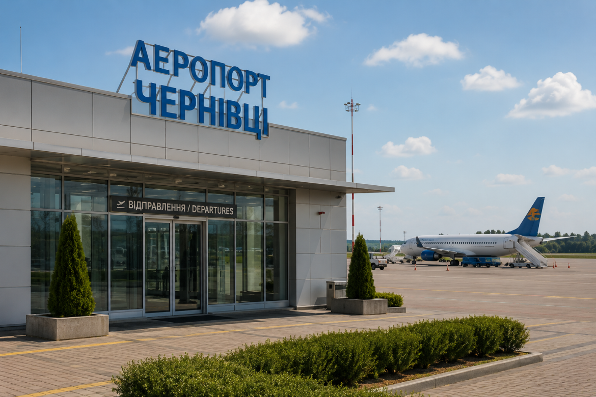Будівля аеропорту Чернівці з написом «Відправлення» та літаком на злітно-посадковій смузі