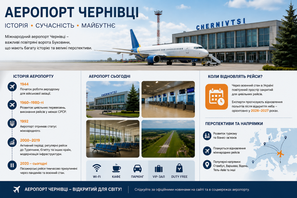 Інфографіка про міжнародний аеропорт Чернівці: історія з 1944 року, інфраструктура, напрямки рейсів та перспективи відновлення