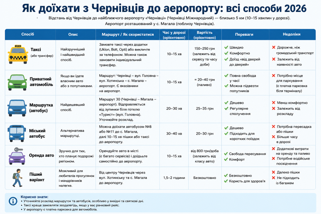 Інфографіка-таблиця зі способами добратися до аеропорту Чернівці: таксі, авто, маршрутка, автобус, оренда авто та пішки — з часом і вартістю