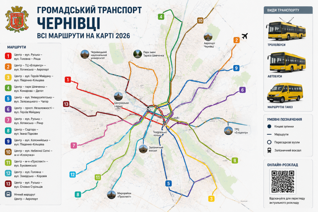 Карта громадського транспорту Чернівців 2026 року з 13 маршрутами тролейбусів, автобусів і маршрутних таксі, позначеними кольоровими лініями та ключовими зупинками
