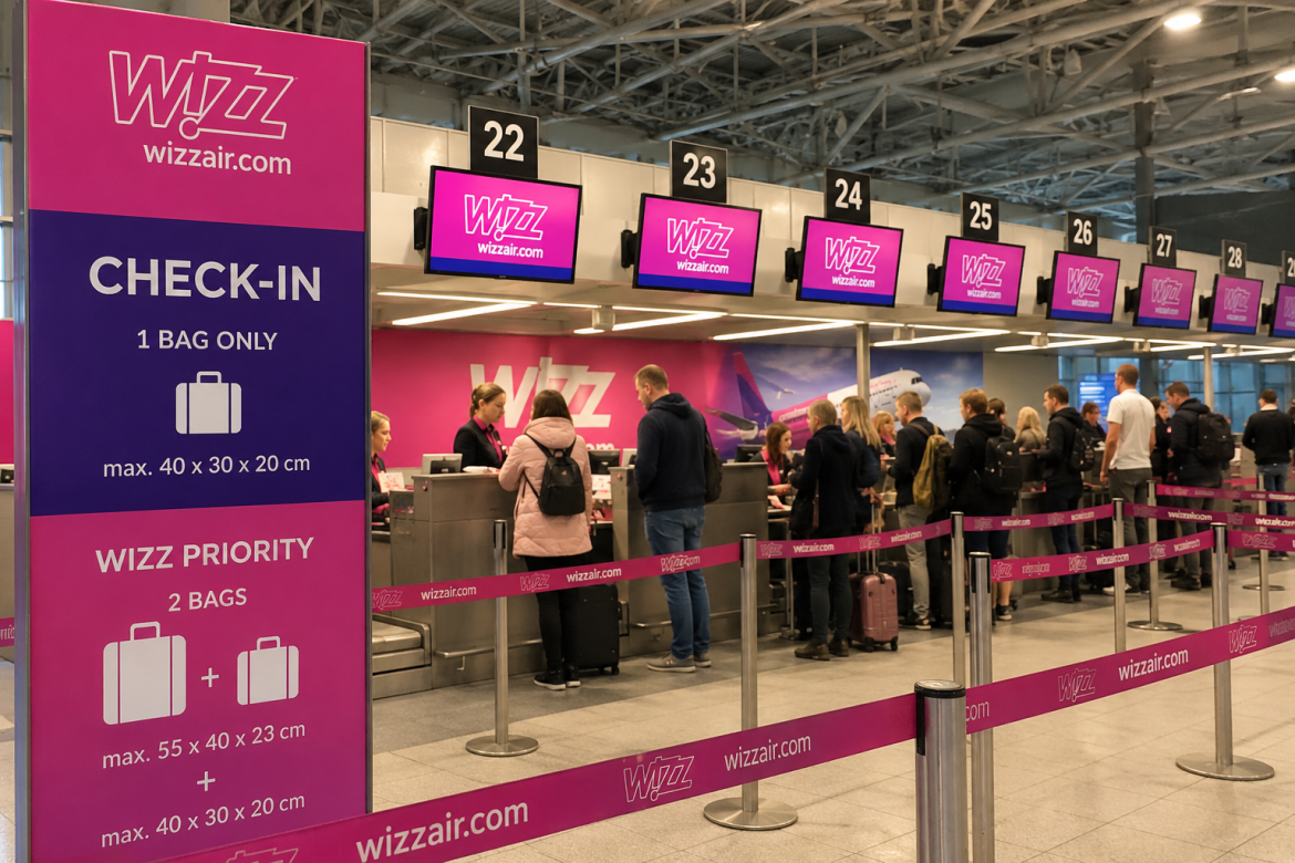 Стійки реєстрації Wizz Air в аеропорту з чергою пасажирів та рожевим банером із правилами провезення багажу: 1 сумка до 40×30×20 см або 2 сумки для пасажирів Wizz Priority