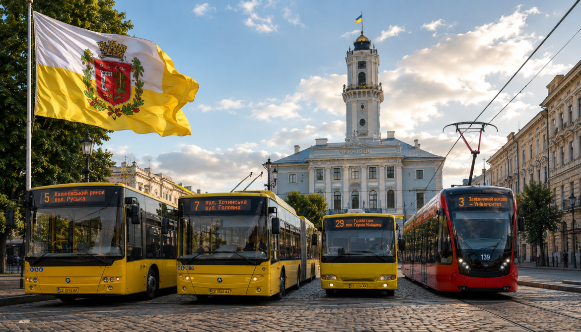 Жовті міські автобуси та червоний тролейбус на площі Чернівців на тлі міської ратуші з прапором міста