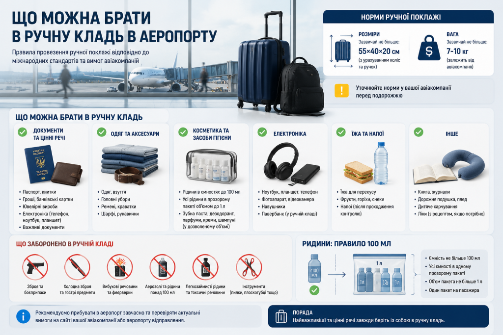 Інфографіка «Що можна брати в ручну кладь» з нормами розмірів і ваги, дозволеними категоріями речей, забороненими предметами та правилом 100 мл для рідин