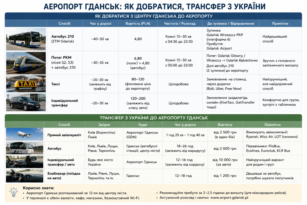 Інфографіка з таблицями способів дістатися до аеропорту Гданськ: автобус 210, потяг РКМ, таксі та індивідуальний трансфер, а також варіанти трансферу з України — літак, автобус, блабакар та авто
