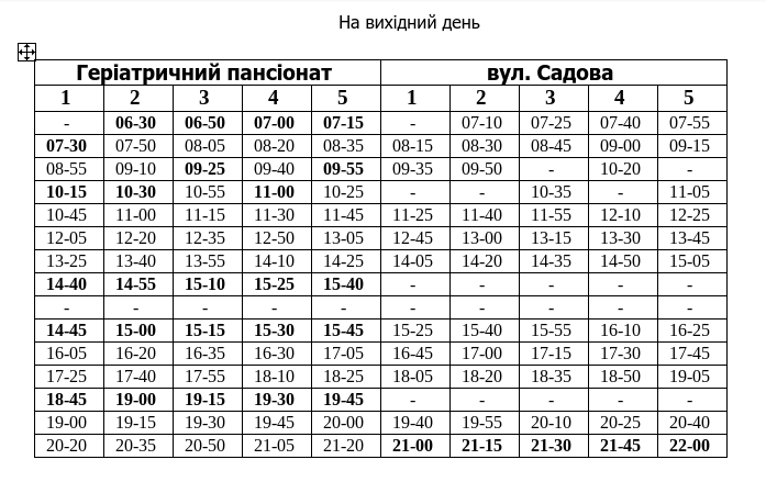 Таблиця з розкладом руху маршрутки №13 у Чернівцях на вихідний день