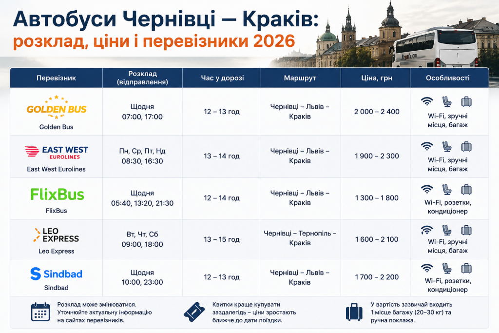 Таблиця з розкладом, цінами та перевізниками автобусних рейсів Чернівці — Краків на 2026 рік