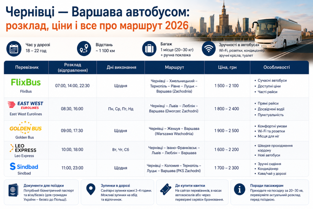 Таблиця з розкладом, цінами та перевізниками автобусних рейсів Чернівці — Варшава на 2026 рік