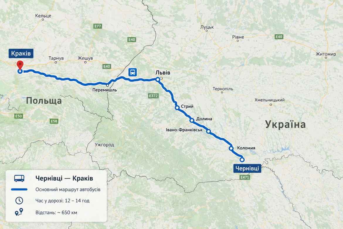 Карта автобусного маршруту з Чернівців до Кракова через Львів