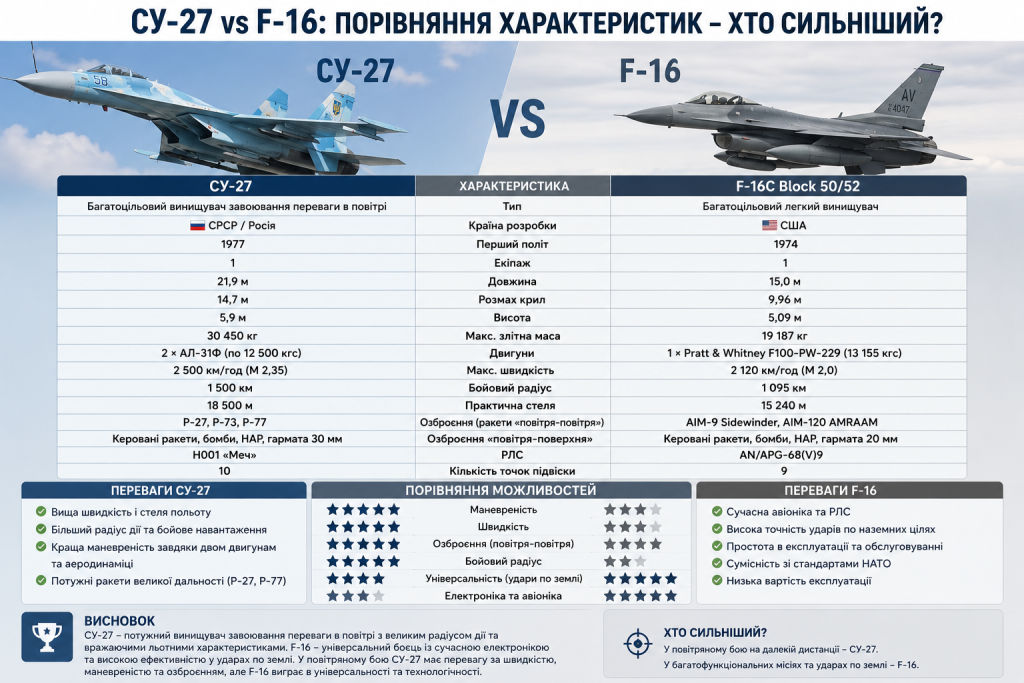 Інфографіка з порівнянням технічних характеристик винищувачів Су-27 та F-16