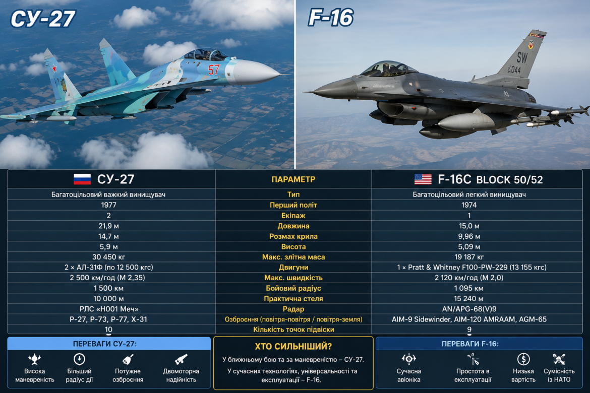 Порівняльні фото винищувачів Су-27 та F-16 у польоті з таблицею технічних характеристик