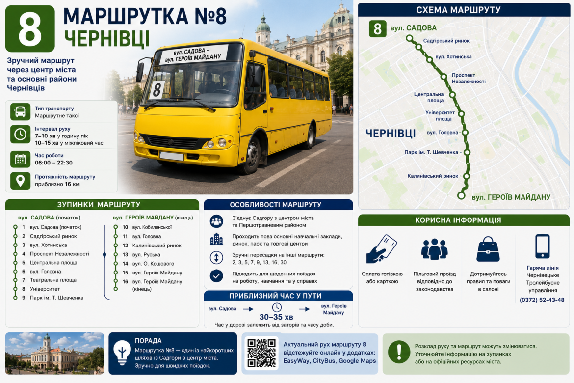Інфографіка з маршрутом, зупинками та схемою руху маршрутки №8 у Чернівцях