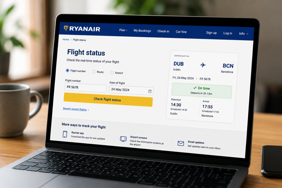 Скріншот сторінки перевірки статусу рейсу на сайті Ryanair на ноутбуці