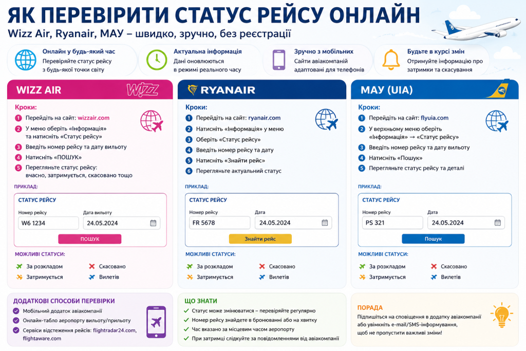 Інфографіка про способи перевірки статусу рейсу Wizz Air, Ryanair та МАУ