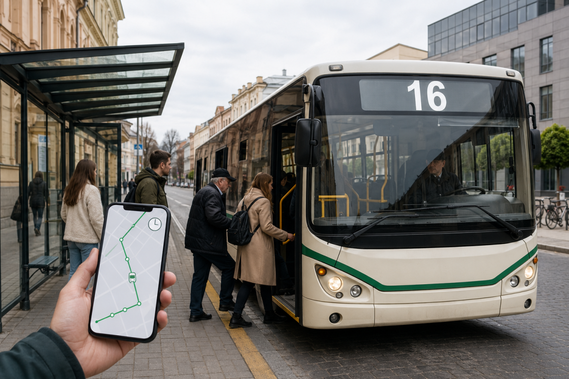 Міський автобус №16 у Чернівцях на зупинці, пасажири заходять до салону, а маршрут показано на смартфоні