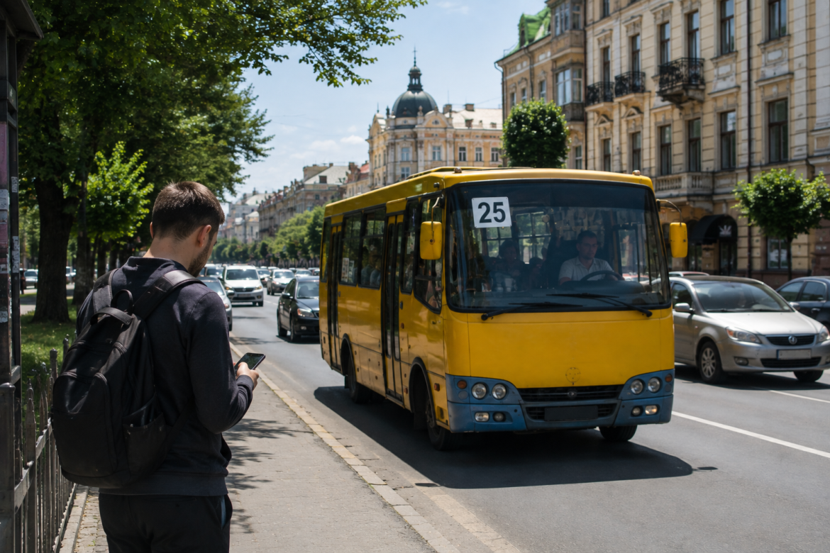 Жовта маршрутка №25 під’їжджає до зупинки на центральній вулиці Чернівців, де чекає пасажир