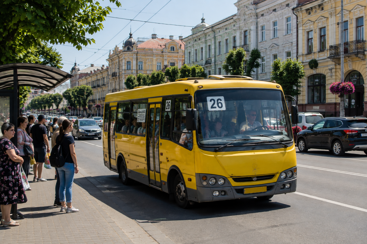 Жовта маршрутка №26 зупинилася біля пасажирів на вулиці з історичною архітектурою Чернівців