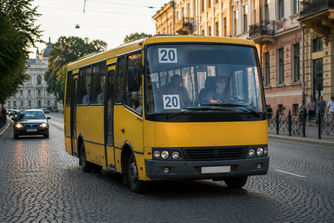 Жовтий автобус маршруту №20 на міській вулиці Чернівців