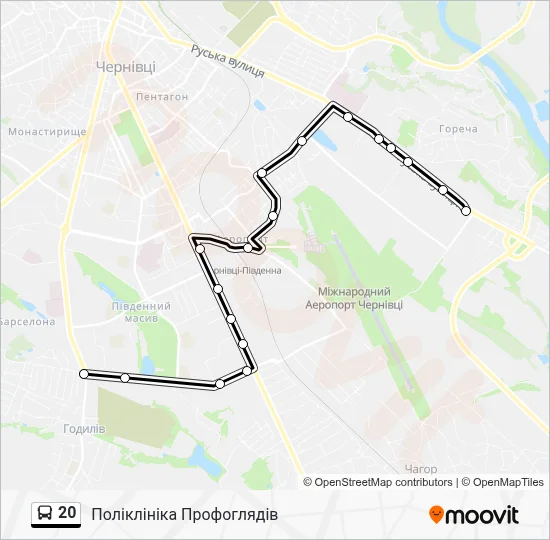 Карта руху автобусного маршруту №20 у Чернівцях із позначеними зупинками