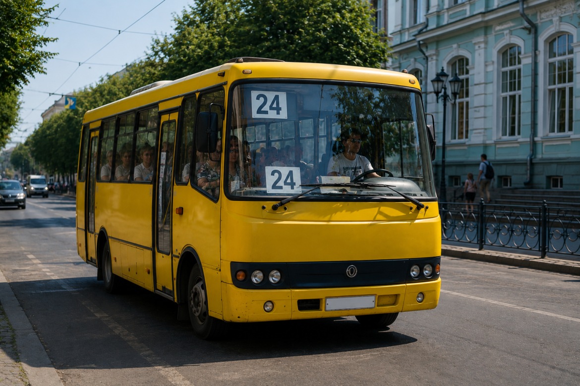 Жовтий автобус маршруту №24 на вулиці Чернівців